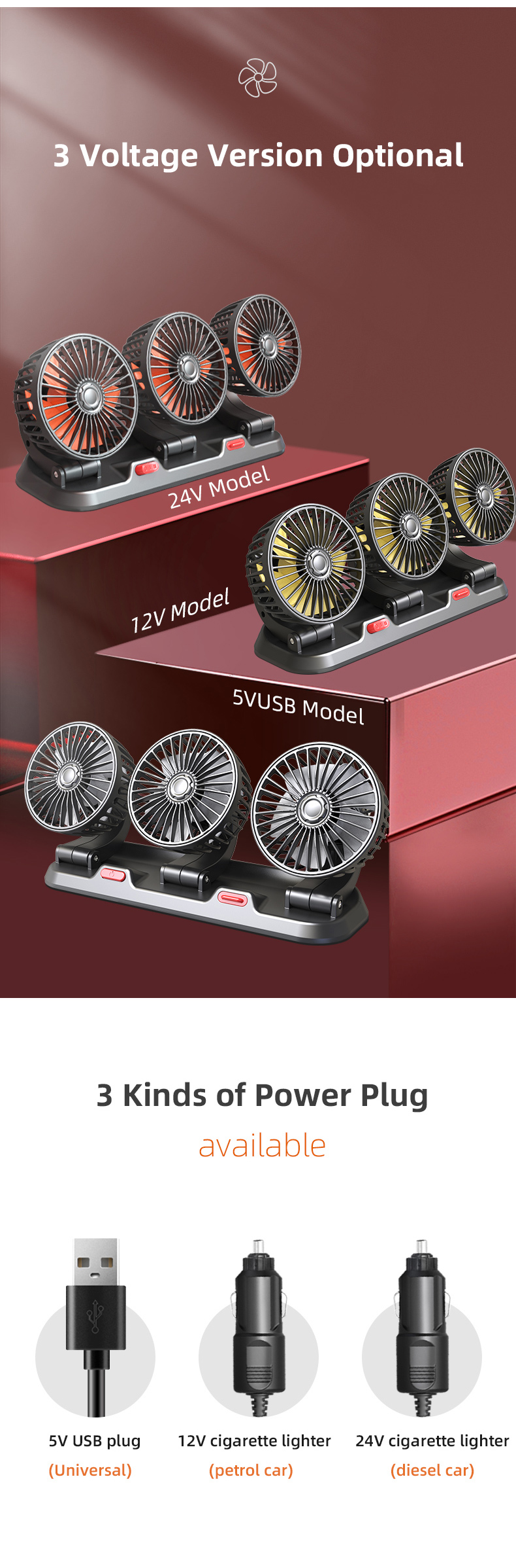 F4310 Triple Three Heads Foldable Car Fan 5V 12V 24V detail (8)kdt