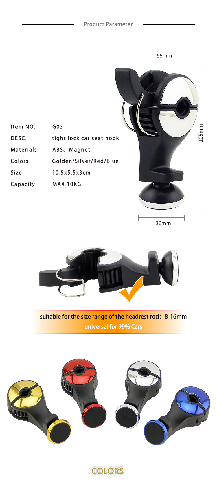 G03 Car Seat Hook Magnetic Phone Holder for Back Seat detail (3)q1u