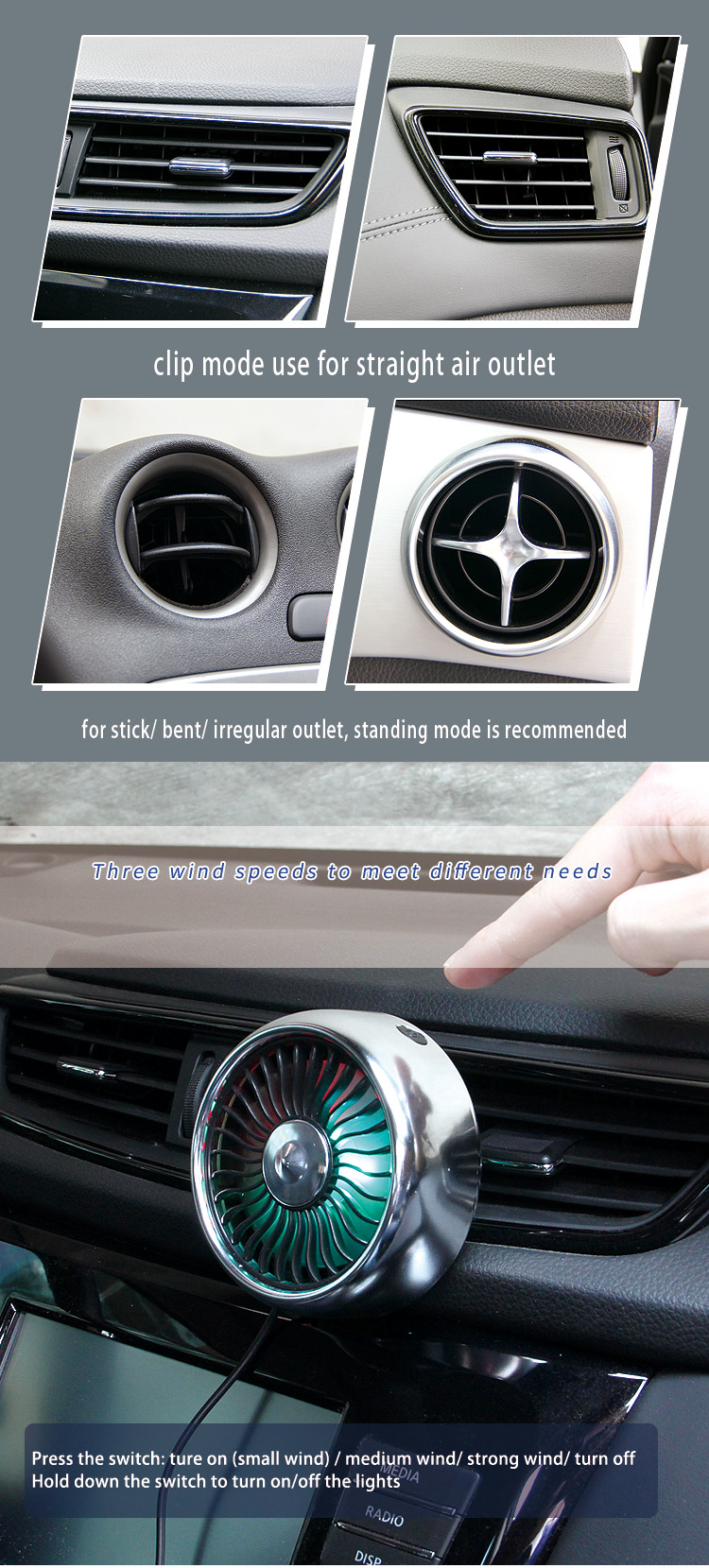 F102 Mini USB Fan for Car Air Vent with LED detail (3)mc1