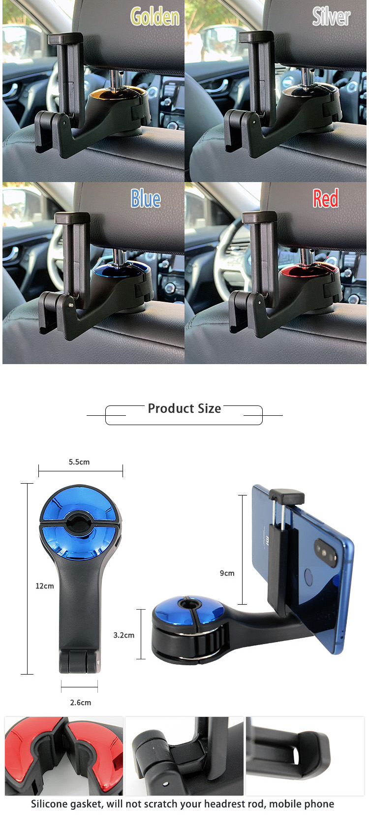 G02 Upgraded Car Seat Headrest Hook for Purse Phone Holder detail (6)duk