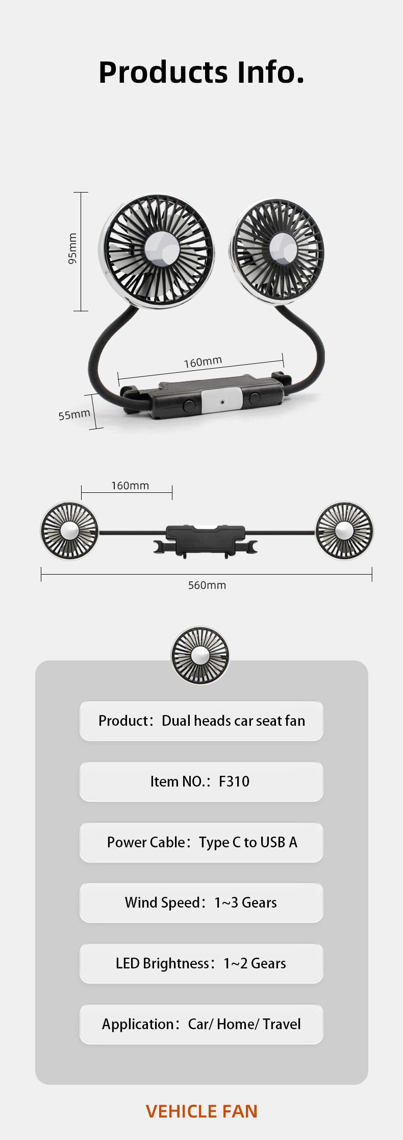 F310 Dual Heads Car Seat Hose USB Cooling Fan detail (6)dmk